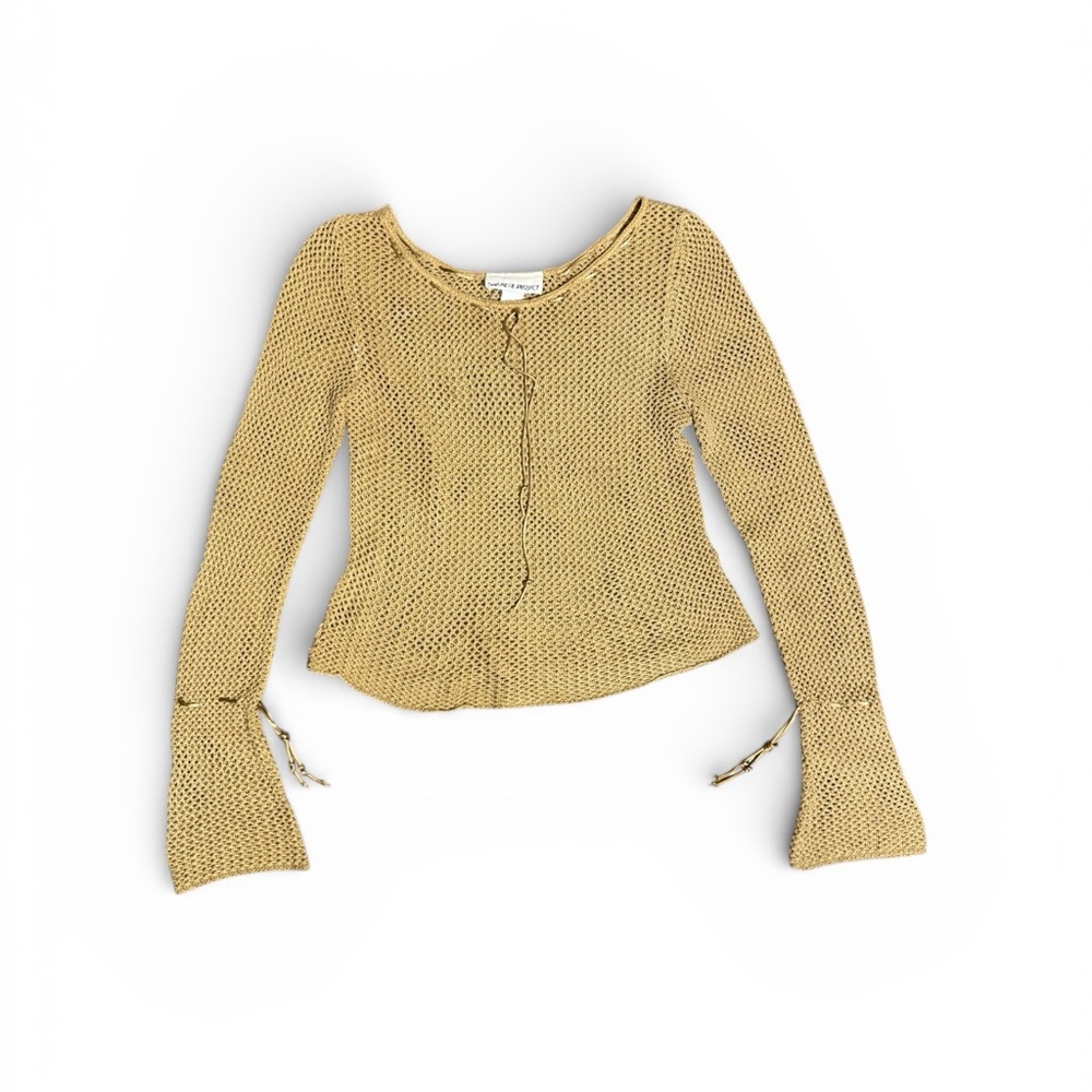 Y2K Fisherman Net Crochet Sweater Project Women's Tan Light Brown Knit Top Large
